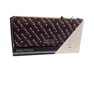 NAUTICA Clutch Wallet Name print Navy Red and White RFID Money Manager